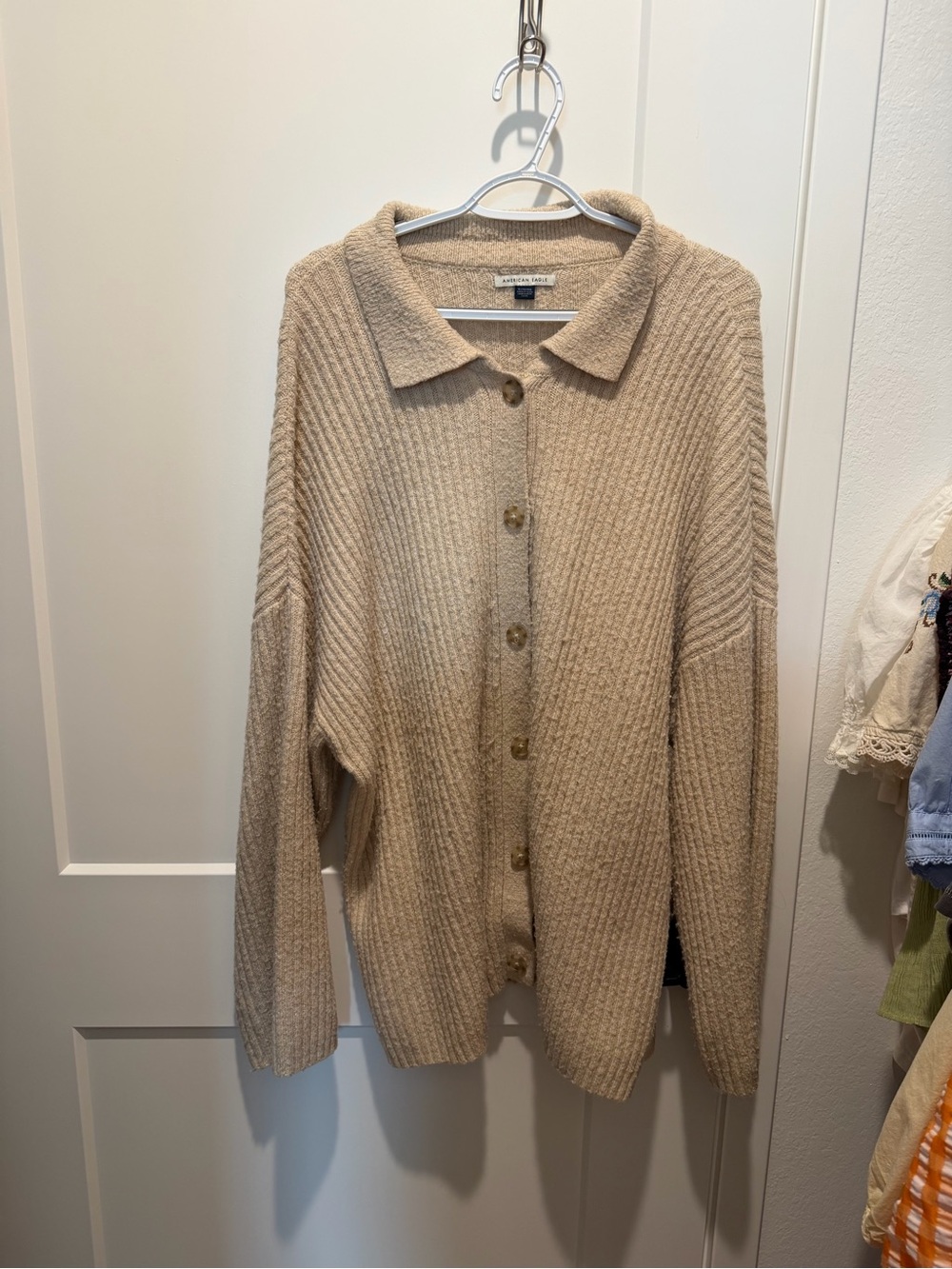 American Eagle Outfitters Beige Ribbed Button-Front Cardigan